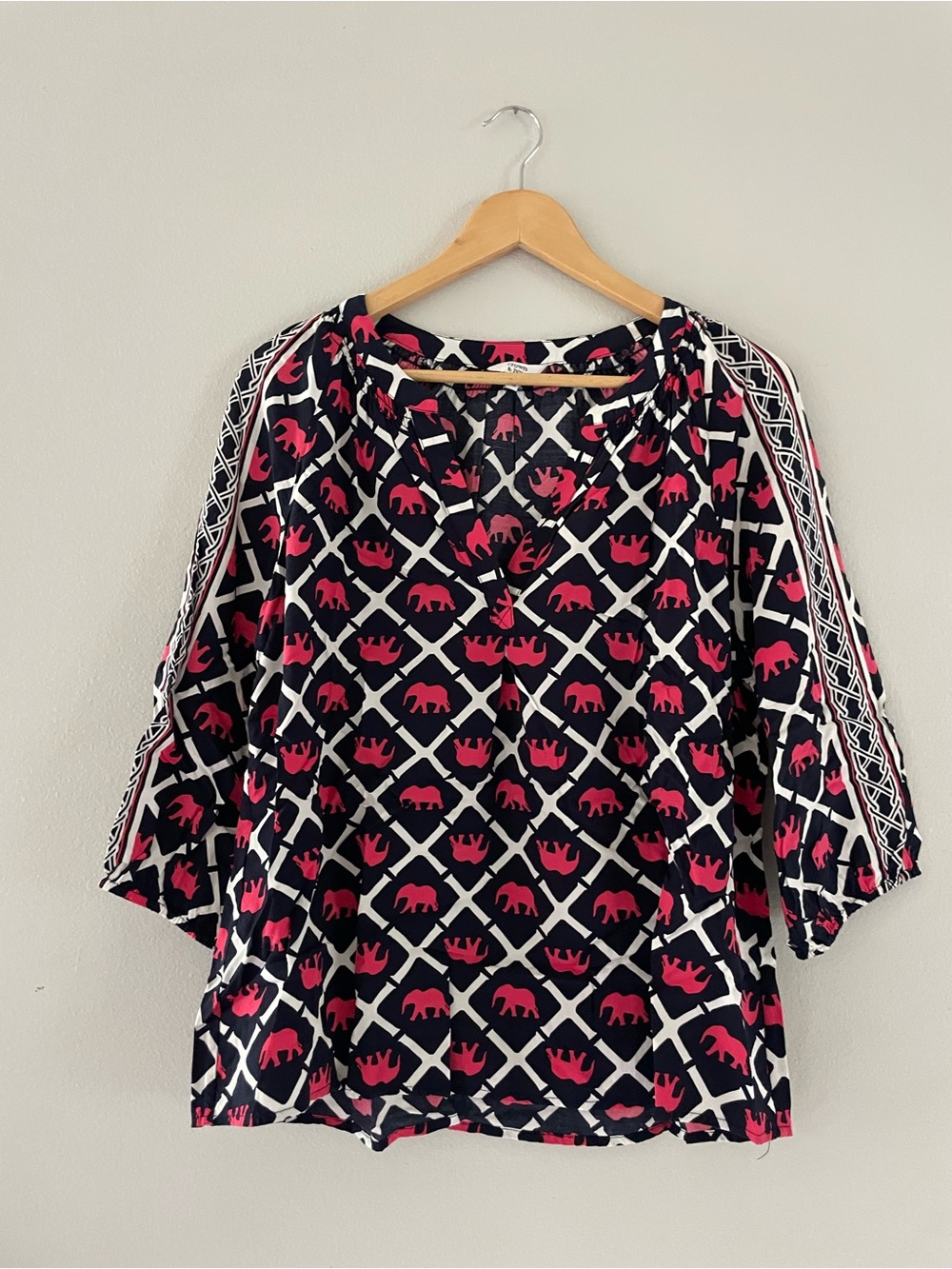 Crown & Ivy Navy Blouse with Pink Elephants & White Pattern